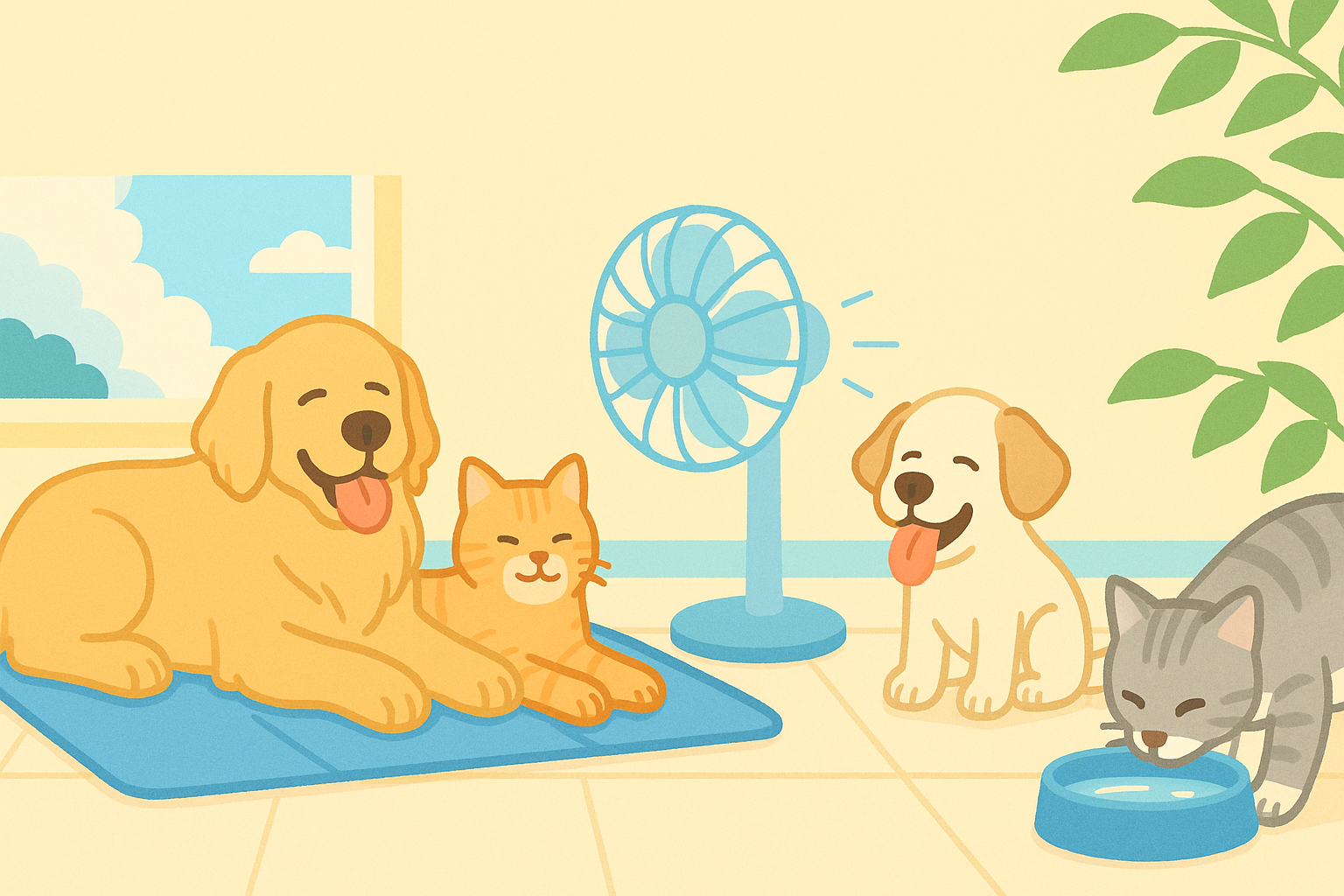 여름철 더위 속에서 시원하게 쉬고 있는 반려동물들