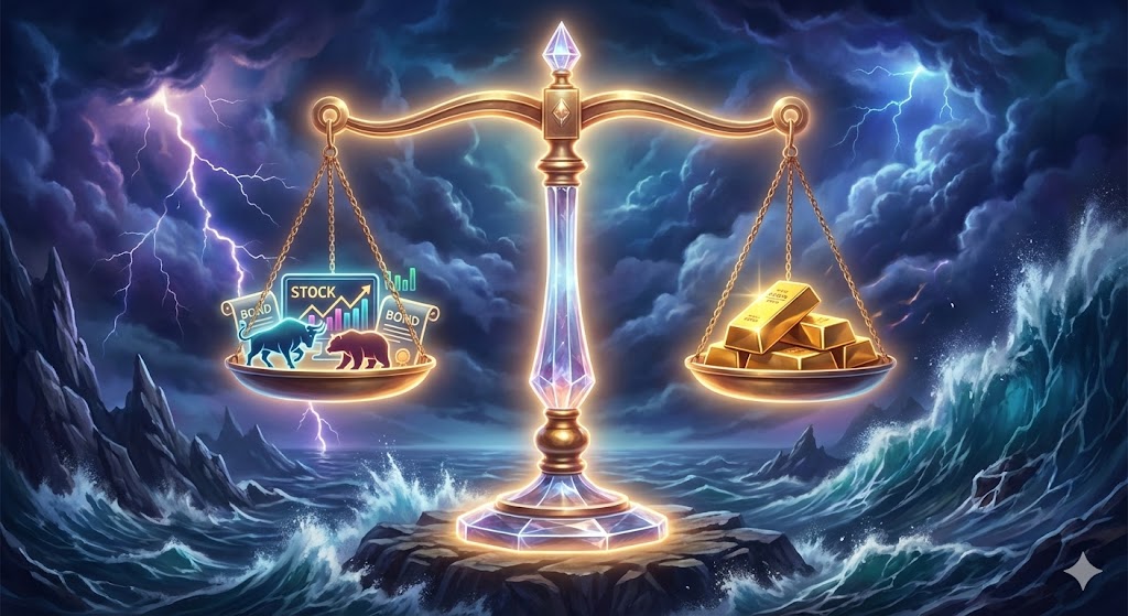 풍우가 치는 시장에서도 흔들림 없이 수평을 유지하는 저울과 그 위에 놓인 주식, 채권, 금 아이콘