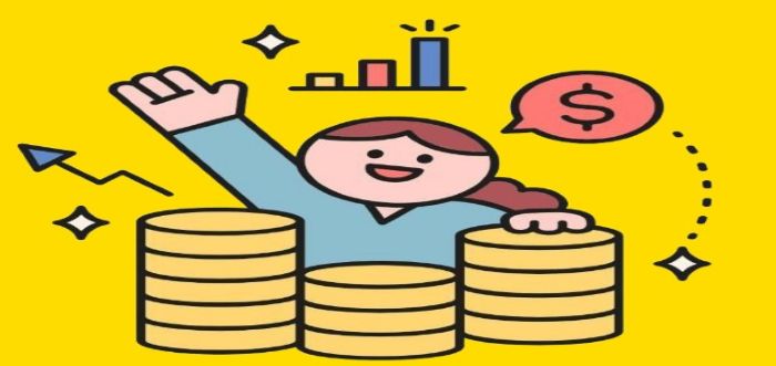 "그래프와 상승 화살표 배경으로 동전 더미 앞에서 손을 흔드는 여성 캐릭터. 경제 회복과 지원금 효과를 시각적으로 표현."