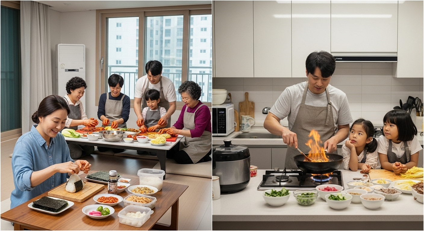 남은 김치속으로 주먹밥을 만드는 가족 