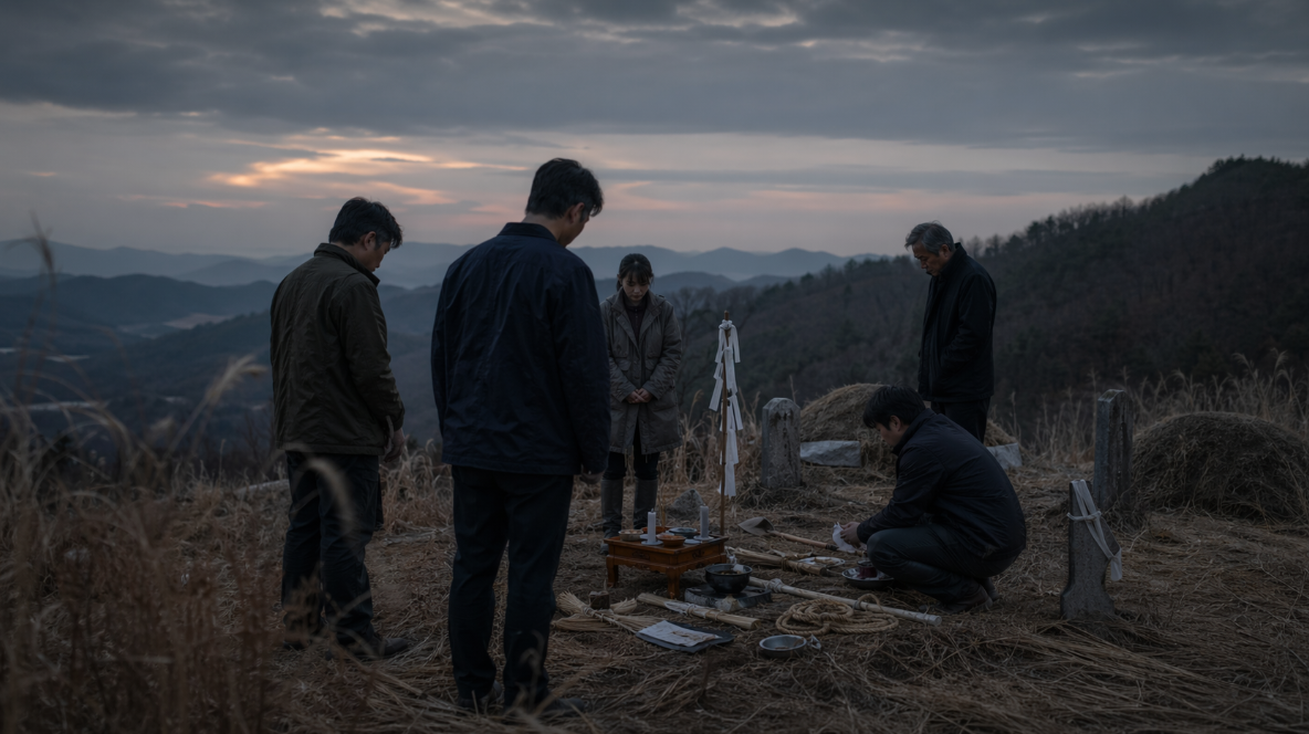 바람 부는 산중 묘지 앞에 몇 사람이 긴장한 채 서 있는 음산한 저녁 장면