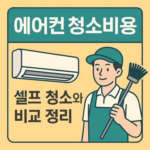 에어컨과 청소도구 든 남성 일러스트