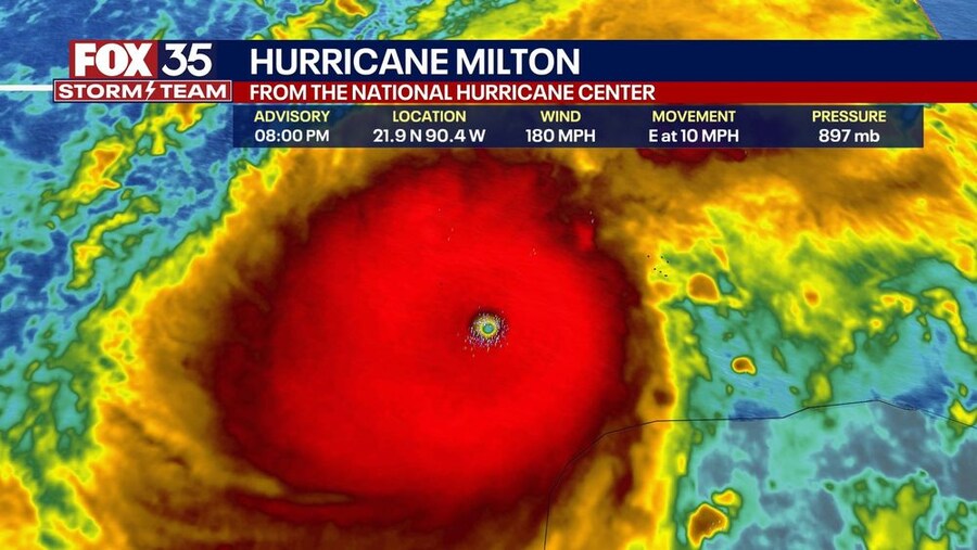 FOX 35
HURRICANE MILTON
STORM TEAM FROM THE NATIONAL HURRICANE CENTER
ADVISORY 08:00 PM
LOCATION 21.9 N 90.4 W
WIND 180 MPH
MOVEMENT E at 10 MPH
PRESSURE 897 mb