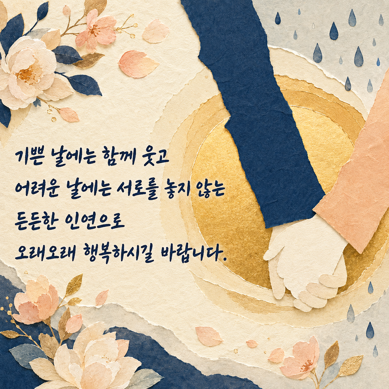 결혼 축하 문구 14 - 기쁜 날과 어려운 날을 함께하며 오래 행복하기를 바라는 축하 글귀