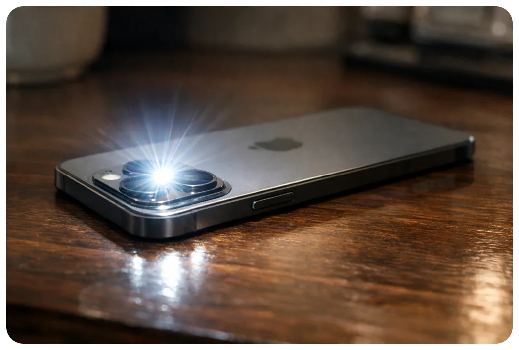 아이폰(예: 아이폰 15 프로맥스)에서 플래시 LED 알림이 작동하는 예시 화면