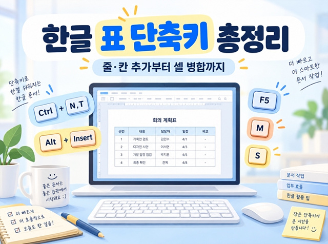 한글 표 단축키 총정리｜줄&middot;칸 추가부터 셀 병합까지
