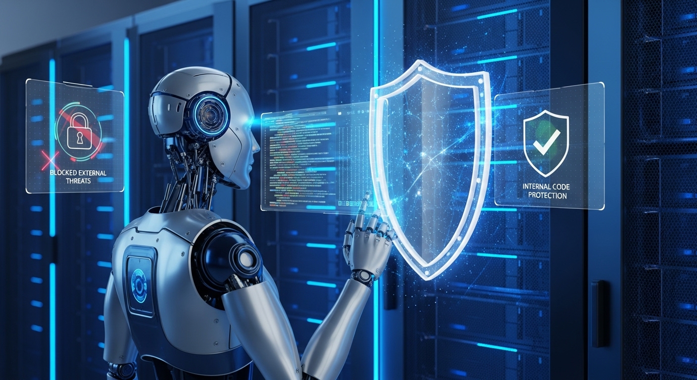기업의 소스 코드가 외부 유출 없이 안전하게 보호받는 환경에서 AI 분석이 이루어지는 모습을 형상화한 보안 컨셉 일러스트