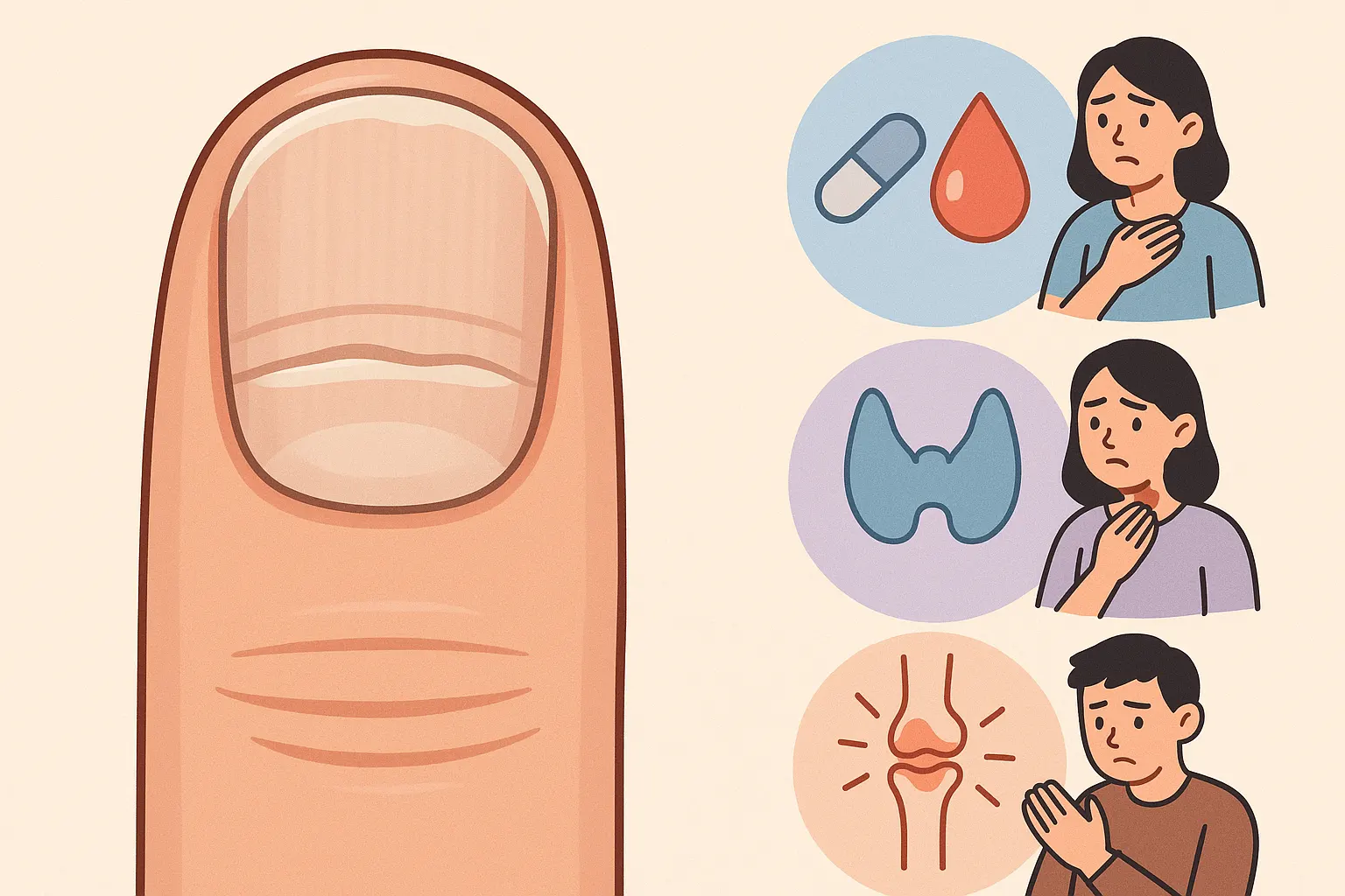 손톱에 가로줄(보우선)이 생긴 손톱, 철 결핍성 빈혈(스푼 네일), 갑상선 기능 저하, 류마티스