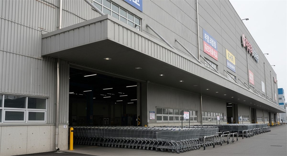 대형 창고형 할인매장 입구와 카트가 보이는 전경 