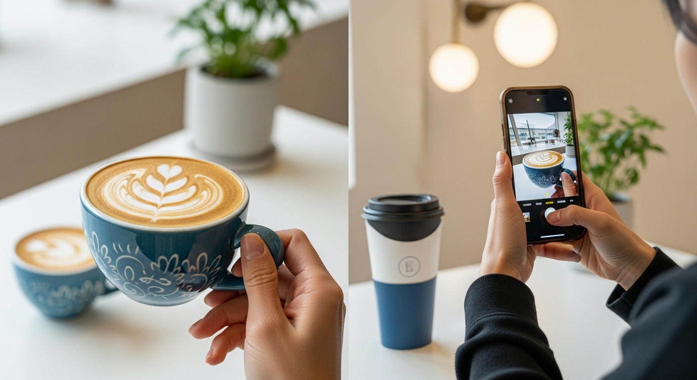 2025년 현대적인 한국 카페에서 MZ세대가 스페셜티 커피를 들고 스마트폰으로 사진을 찍는 모습. 개인화된 경험과 SNS 공유 문화를 상징.