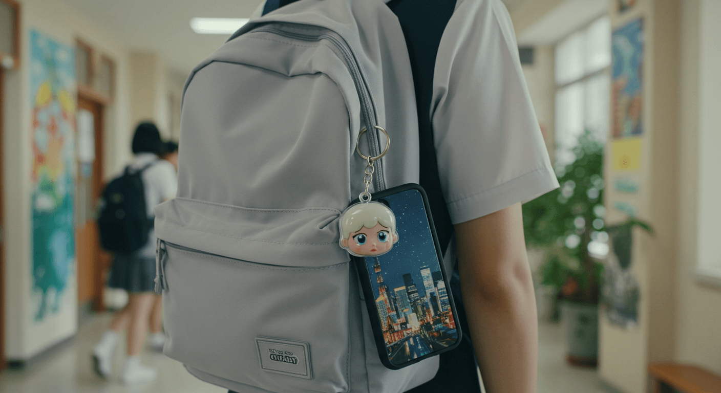 학생이 가방과 휴대폰 케이스에 크라이베이비 키링을 활용하는 모습 1