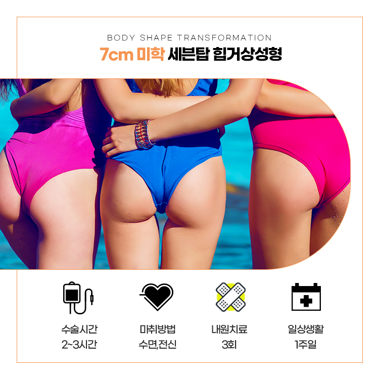 세븐탑 힙거상성형
수술시간 2~3시간
마취방법 수면, 전신
내원치료 3회
일상생활 1주일