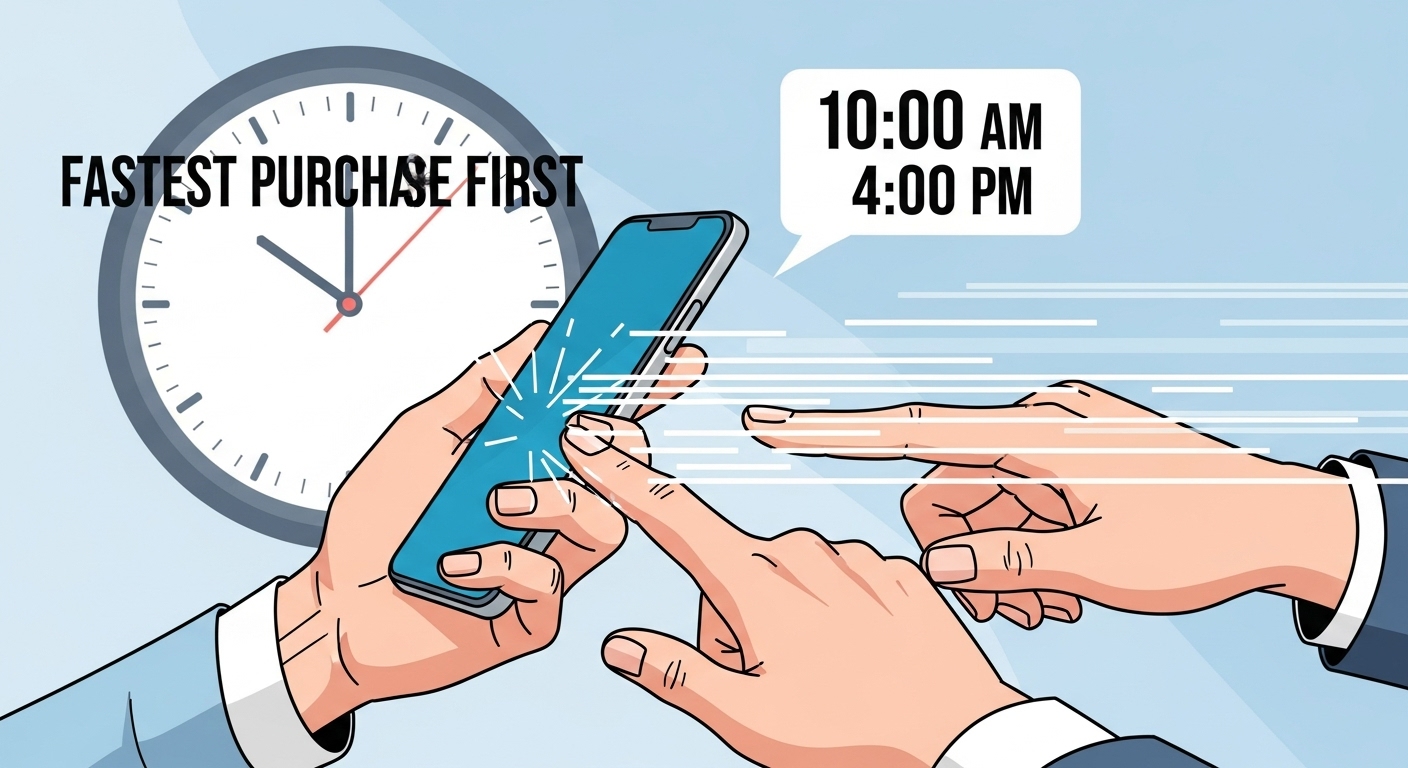 스마트폰으로 빠르게 수산물 상품권을 구매하는 모습, 시계가 10시 또는 16시를 가리키며 구매 시간의 중요성을 강조.