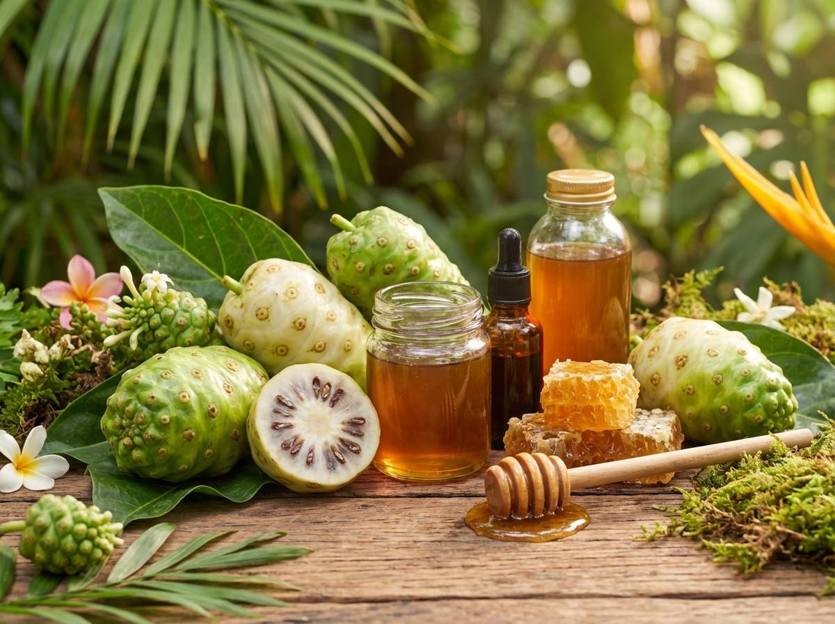 열대 지방의 신비로운 노니 열매와 벌집에서 추출한 황금빛 프로폴리스 원액이 조화롭게 배치된 이미지
