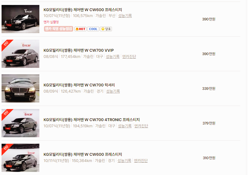 KG모빌리티 체어맨 중고차 가격 시세표 24년10월