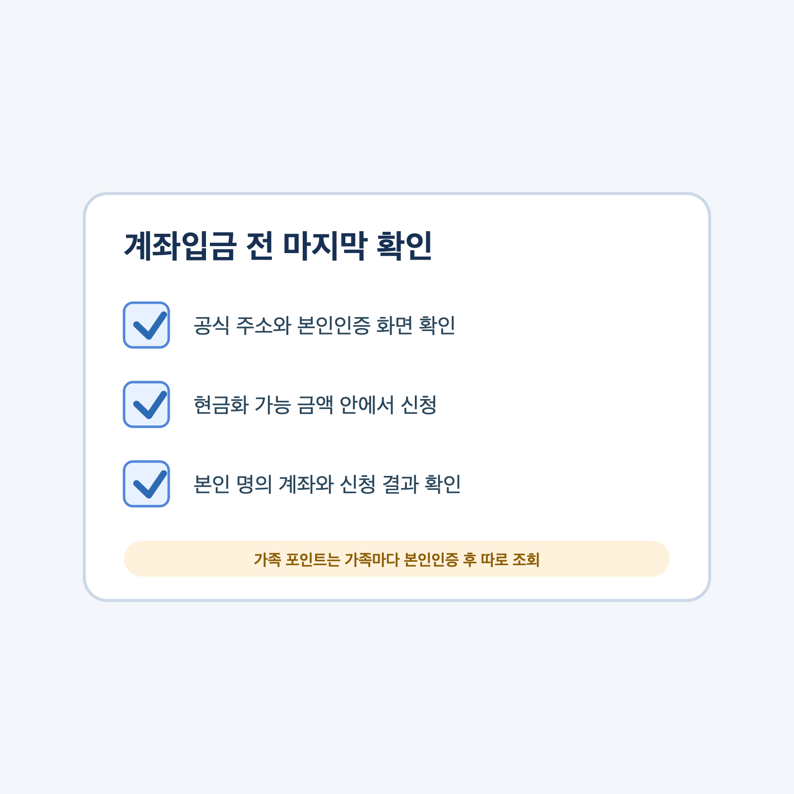 카드포인트 계좌입금 전 본인인증과 계좌 명의, 신청 결과를 확인하는 체크리스트