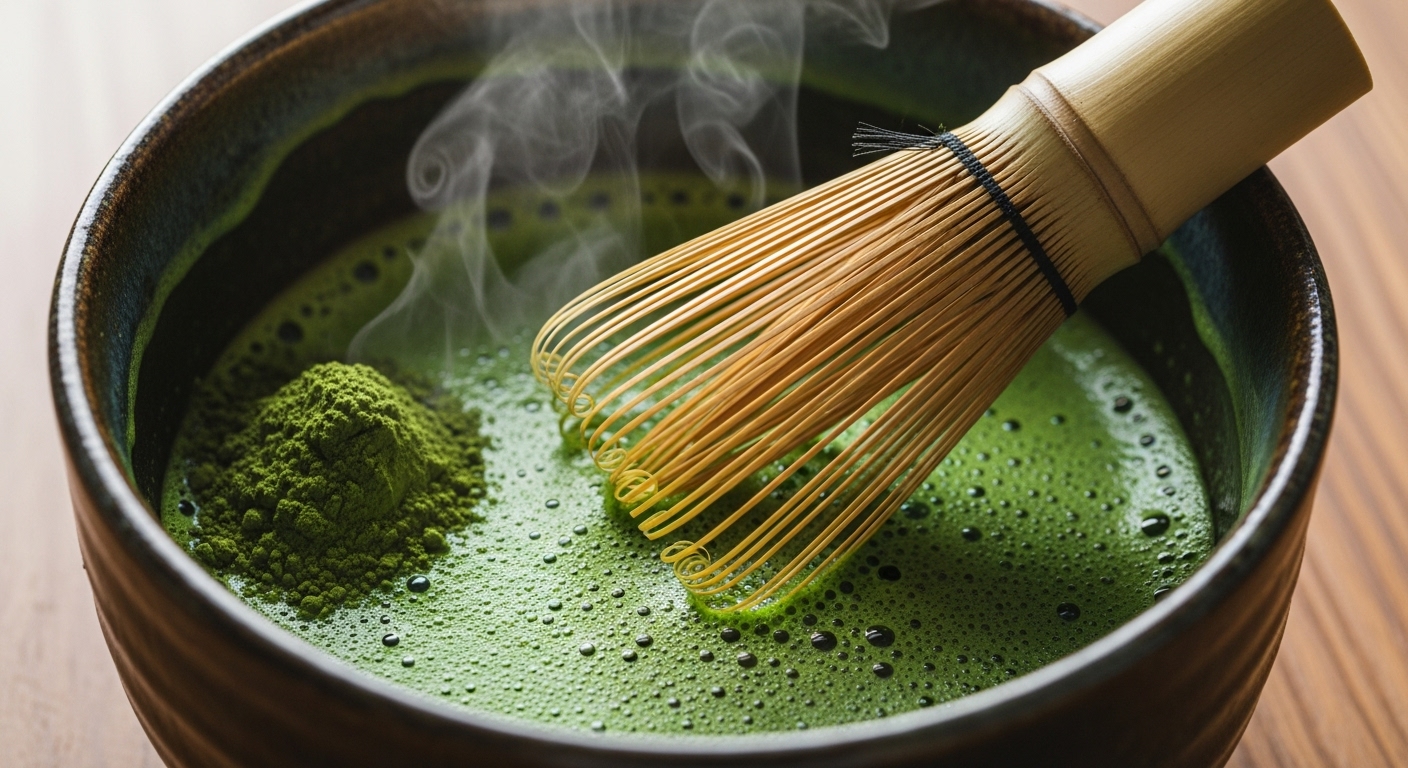 말차 가루가 담긴 그릇과 대나무 말차 거품기가 놓여있는 모습, 말차의 건강하고 전통적인 이미지를 강조