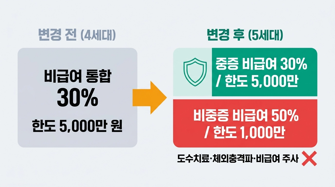 4세대 실손보험과 5세대 실손보험 비급여 보장 구조 변경 전후 비교 인포그래픽