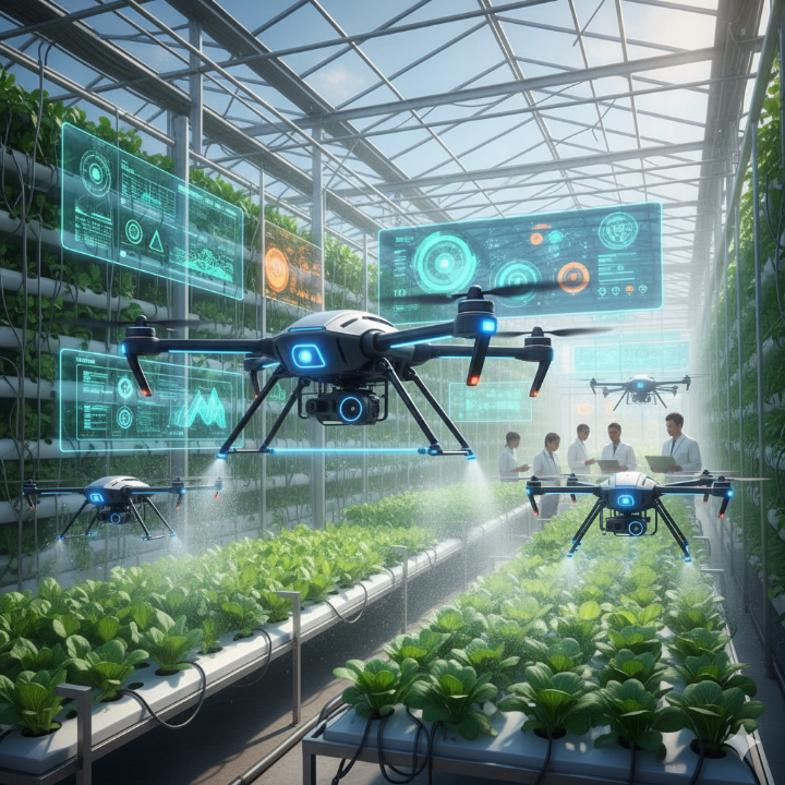 미래 농업 기술(스마트팜 또는 드론)을 상징하는 콘셉트 이미지