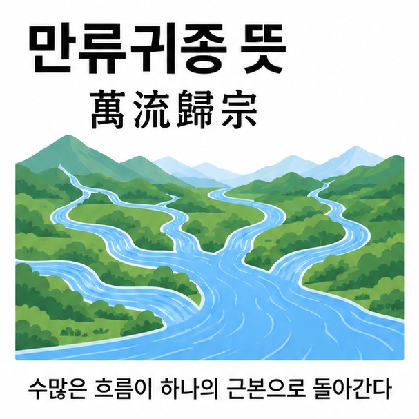 만류귀종 뜻과 萬流歸宗 한자 네 글자의 의미를 설명한 한자성어 교육 이미지