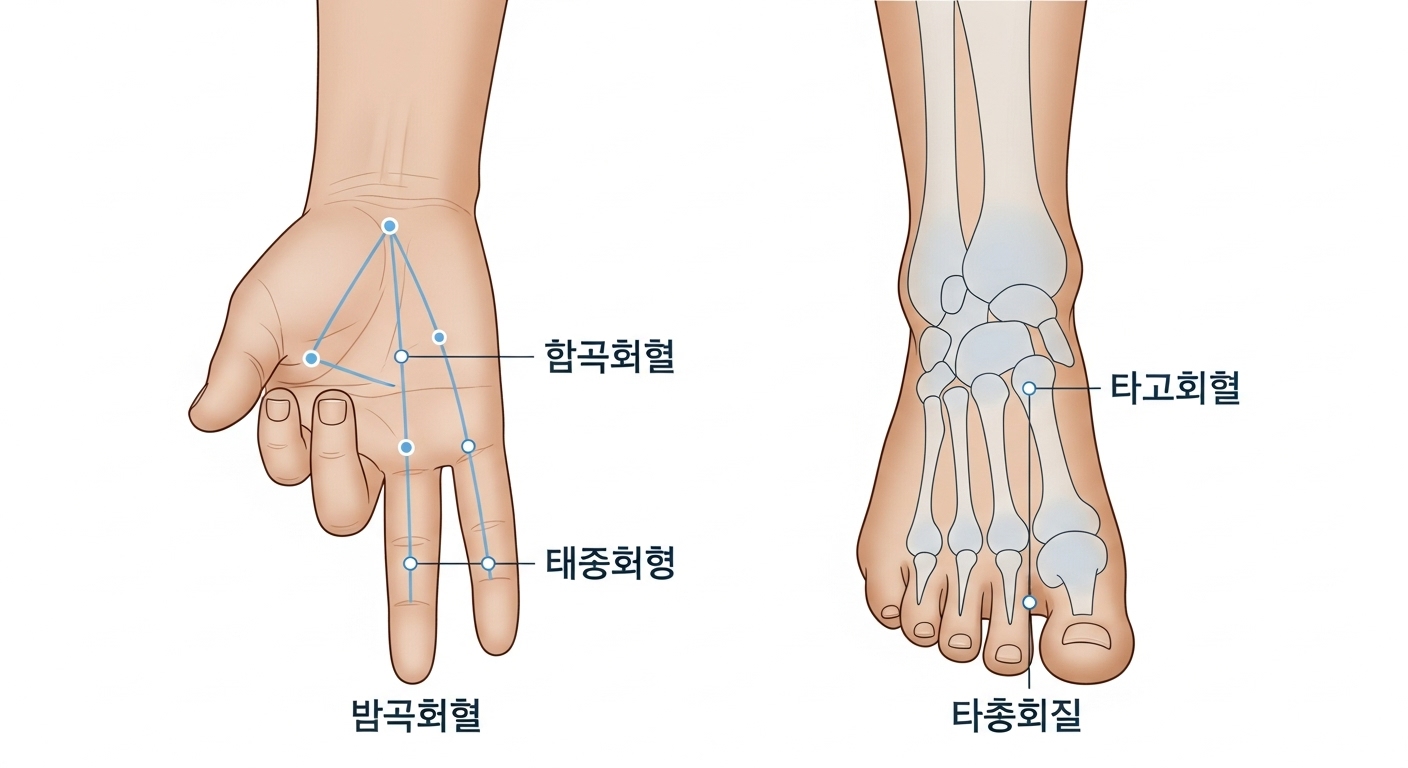 합곡혈과 태충혈 지압점 위치를 정확하게 보여주는 손과 발 해부학 일러스트레이션.