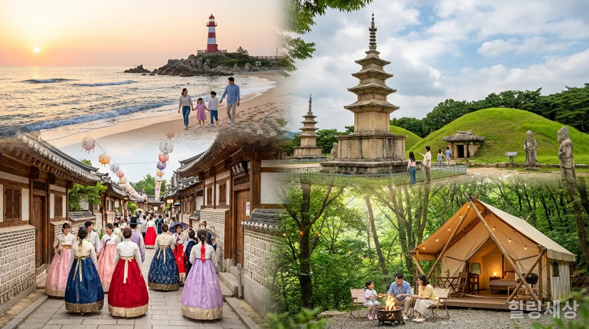 강릉 바다, 전주 한옥마을, 경주 유적지, 홍천 글램핑 등 국내 가족 여행지 풍경 콜라주