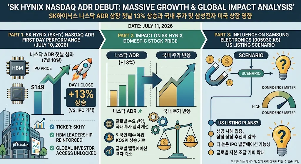 SK하이닉스 나스닥 ADR 상장 첫날 13% 상승과 국내 주가 및 삼성전자 미국 상장 영향을 설명한 이미지