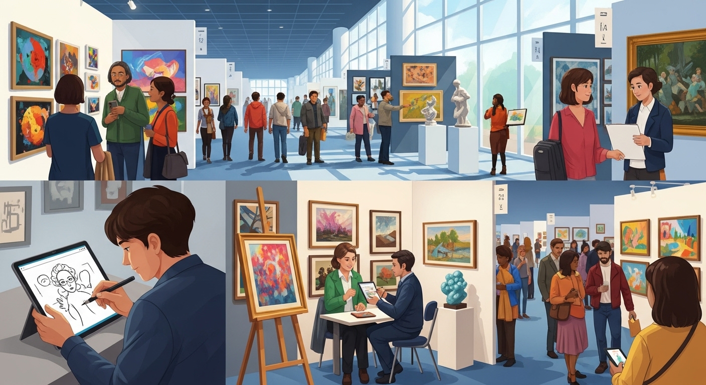 부산일러스트레이션페어의 활기찬 전시장 풍경. 다양한 관람객들이 다채로운 일러스트 작품을 감상하고 작가들과 소통하며 영감을 얻는 모습.