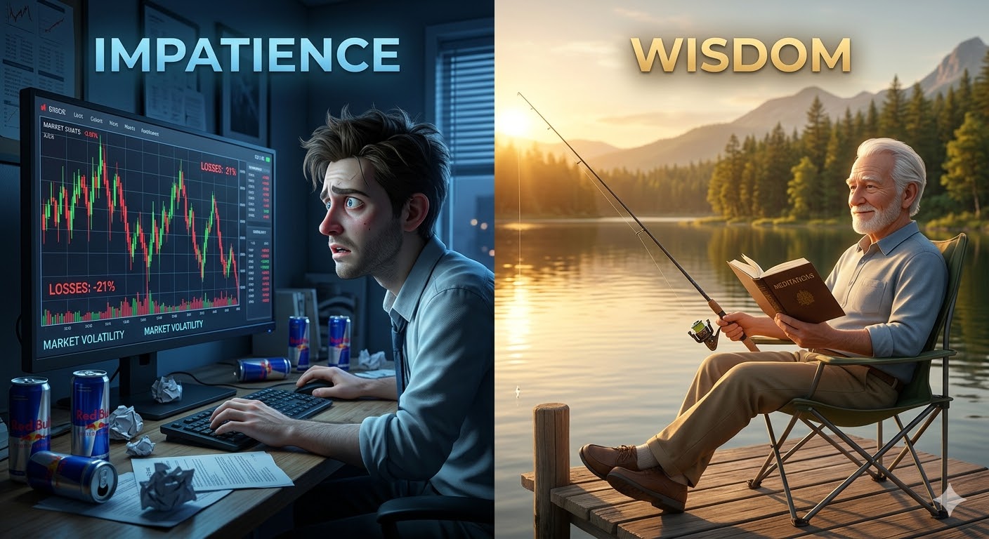 요동치는 주가 그래프 앞에서 시계만 쳐다보는 초조한 청년과, 무심하게 신문을 읽으며 낚싯대를 드리운 여유로운 어르신의 대비를 보여주는 3D 일러스트