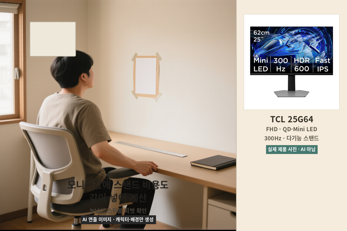 의자 높이와 눈높이를 맞추며 모니터 스탠드 추가 비용을 점검하는 장면