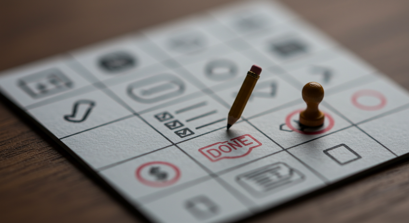 미니어처 체크리스트, 작은 연필, 스탬프 아이콘이 배열된 틸트쉬프트 아이콘 이미지