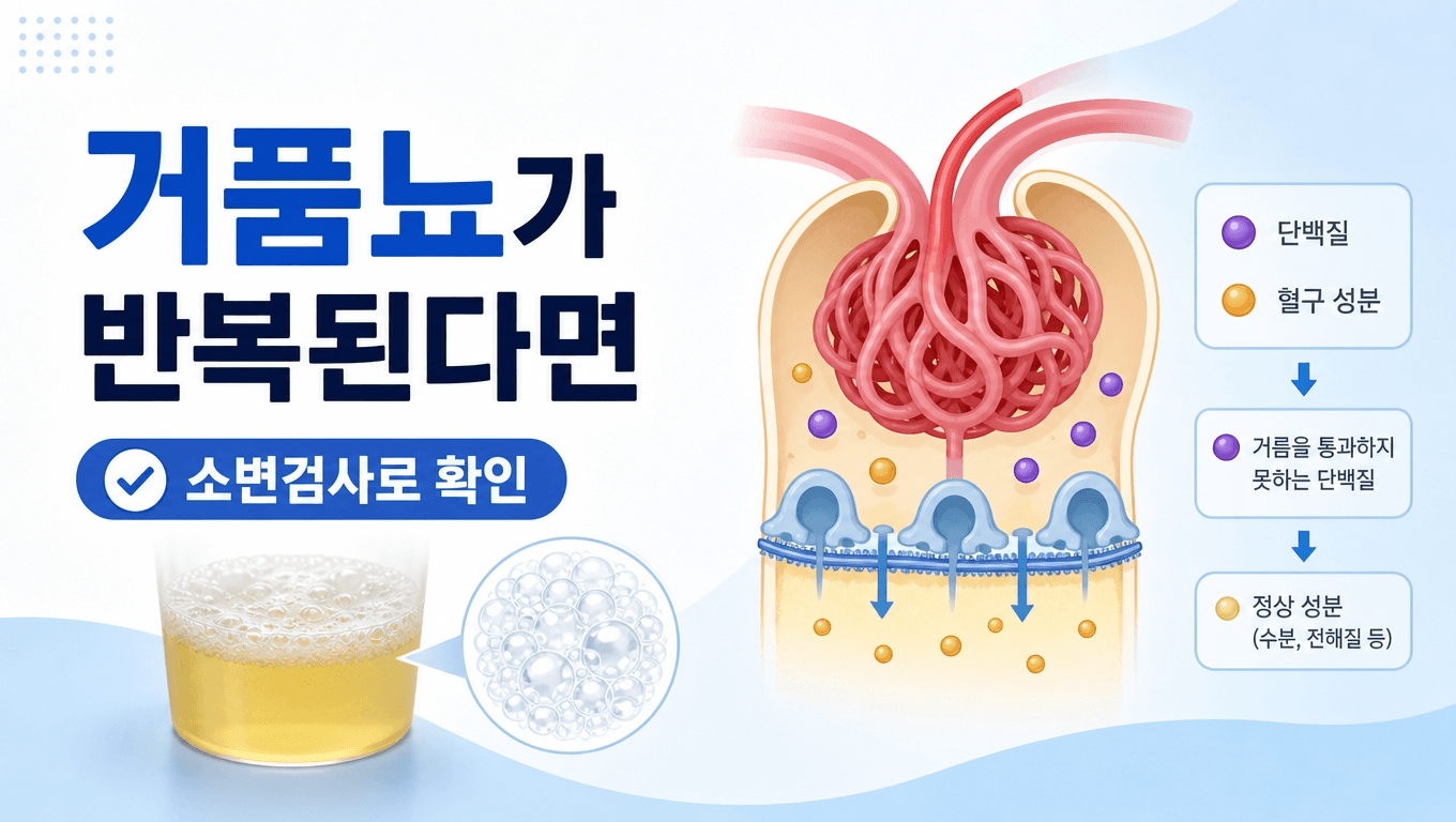 거품뇨와 단백뇨 가능성을 설명하는 의료 일러스트