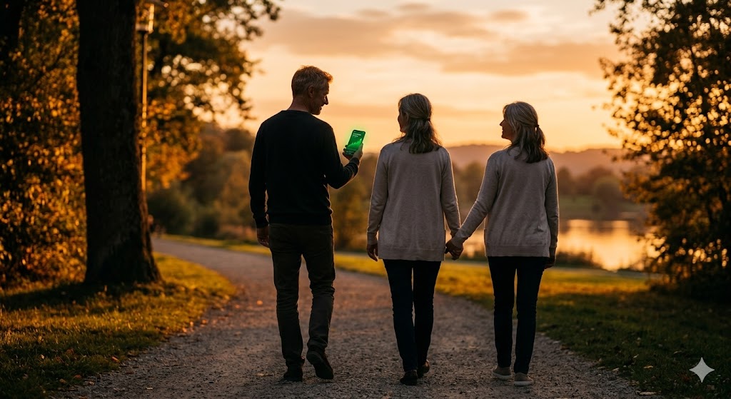 노을 공원에서 수익률 알람에 미소 짓는 아빠의 행복한 실루엣