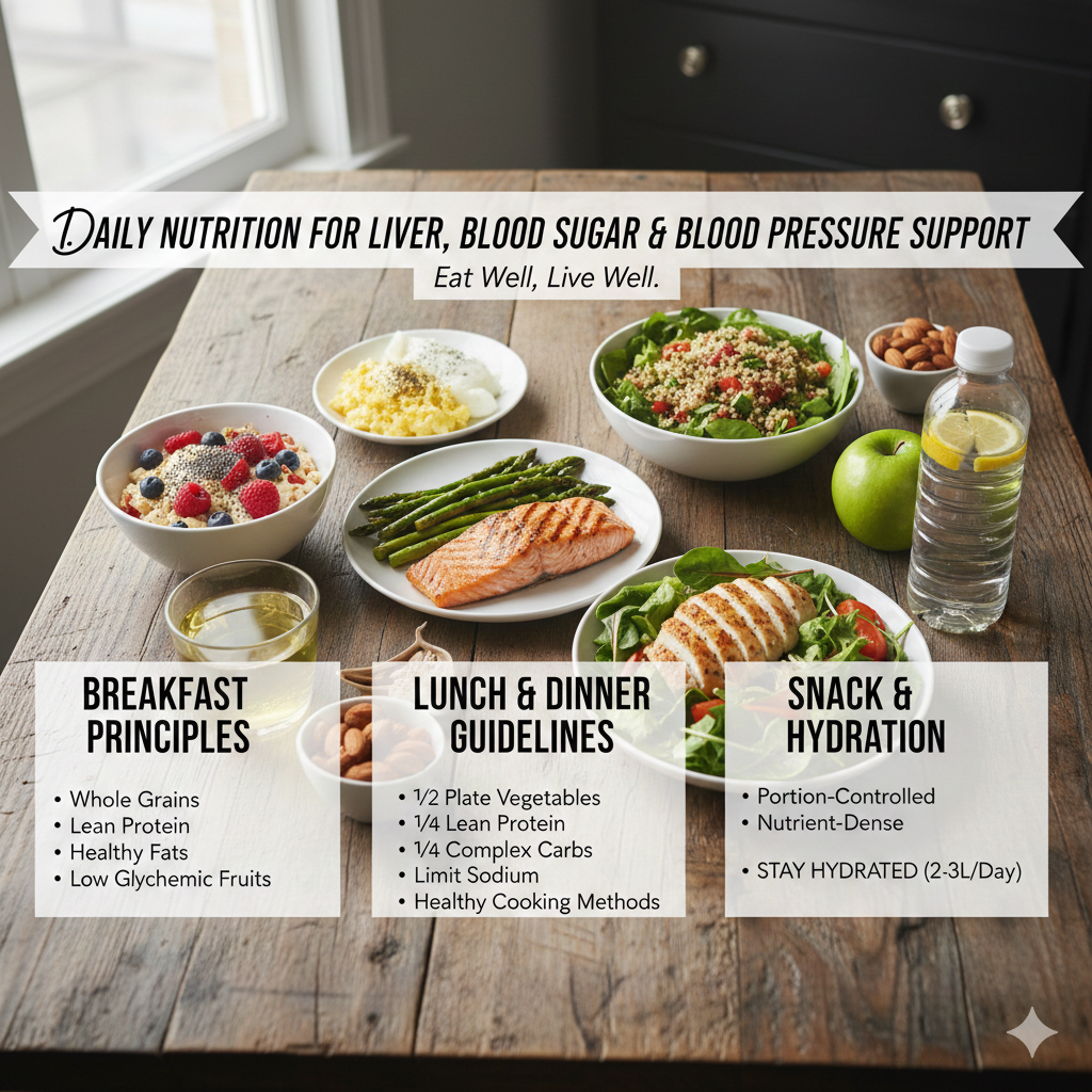 간수치&middot;혈당&middot;혈압 관리에 도움이 되는 하루 식사 원칙 포스터