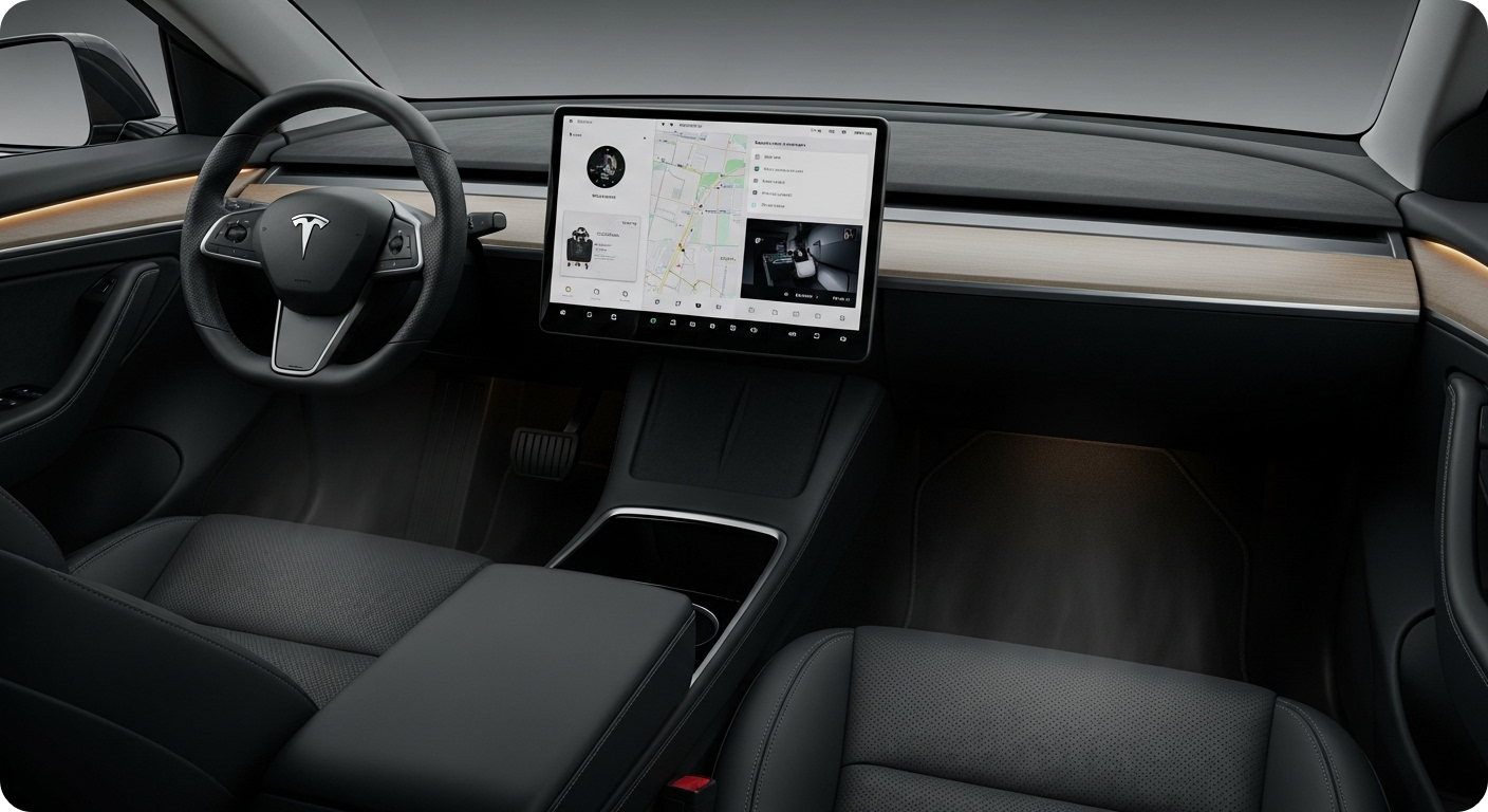 2025 테슬라 모델 Y 주니퍼의 2열 디스플레이와 앰비언트 라이트가 적용된 실내 모습