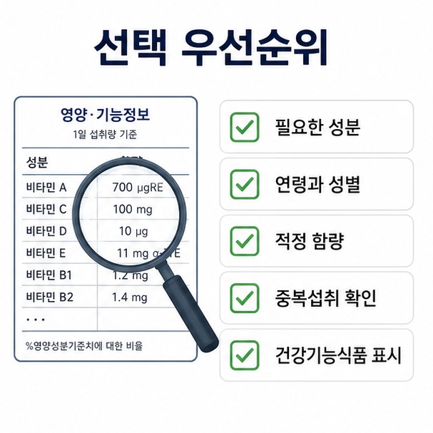 필요한 영양성분과 연령, 적정 함량, 중복섭취 여부와 건강기능식품 표시를 기준으로 종합비타민을 선택하는 방법을 정리한 이미지
