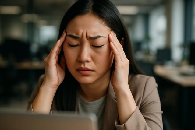머리를 짚고 피곤해하는 직장인 한국 여성