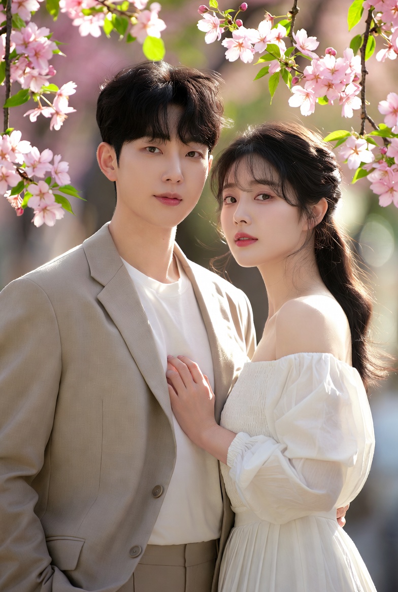 봄 햇살 아래 자연스러운 헤어스타일을 한 남녀 모델의 화보 사진