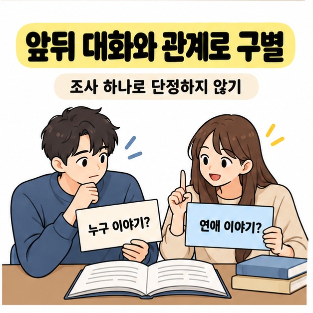 앞뒤 대화와 관계로 구별하라는 안내 아래 두 학습자가 누구 이야기인지와 연애 이야기인지 묻는 카드를 들고 대화하는 모습
