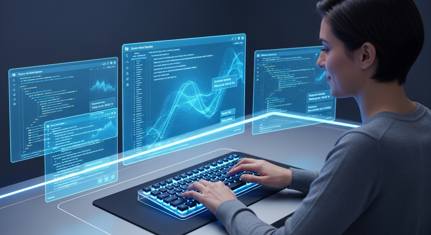 미래적인 책상에서 AI 글쓰기 교정 툴을 활용해 글을 수정하는 사람의 모습, 파란색과 회색 톤으로 지능적인 기술을 강조.