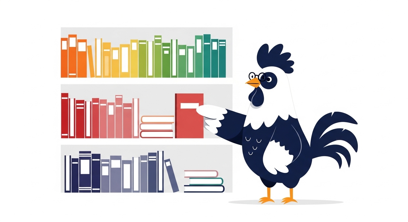 책장에 책들을 색깔별로 깔끔하게 정리하며 완벽주의 성향을 보여주는 닭 캐릭터 일러스트