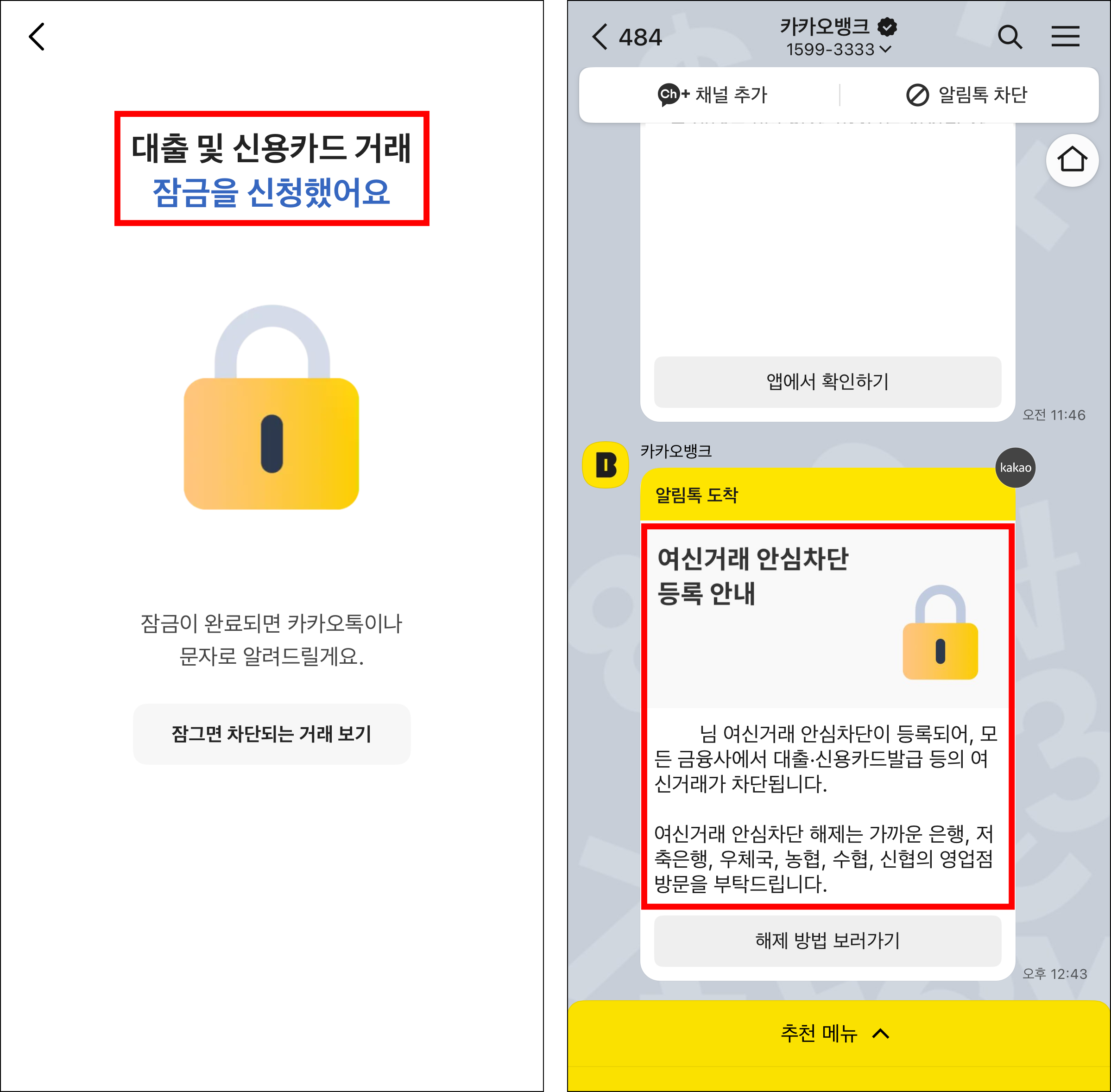 대출 및 신용카드 거래 잠금 신청이 완료되고, 잠시 후 여신거래 안심차단 등록이 완료된 모습