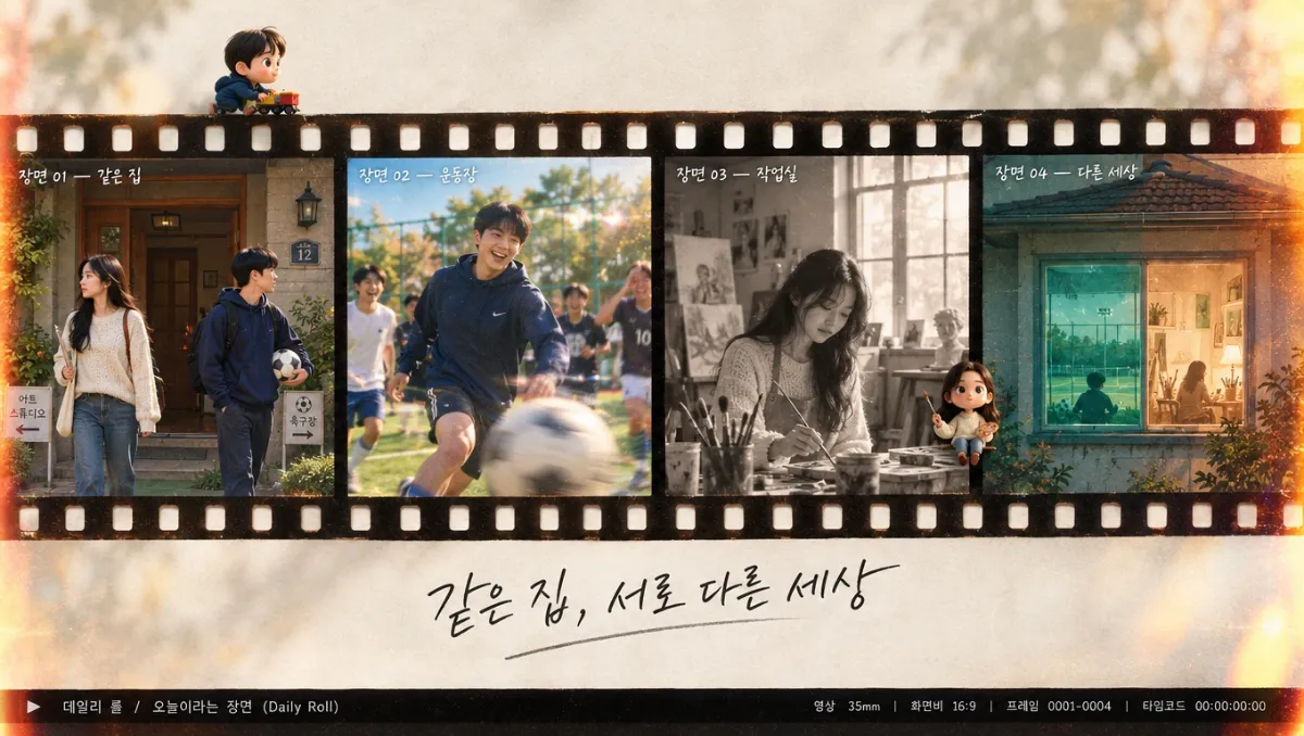 같은 집을 나서 각자 다른 세계로 향하는 남매를 담은 35mm 필름 스트립 일러스트. 운동장에서 공을 차는 동생과 미술 작업실에서 그림을 그리는 누나, 창문이 초록과 호박색으로 갈라진 분할 장면으로 비공유 환경을 상징하며 '같은 집, 서로 다른 세상' 문구가 들어가 있다.