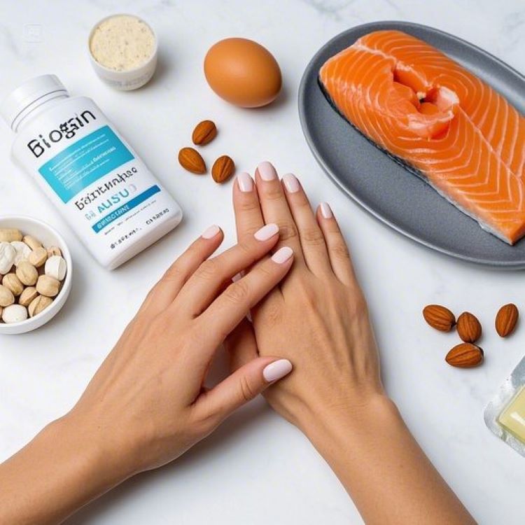 깔끔하고 건강한 손톱을 가진 여성의 손이 다양한 영양제(비오틴, 아연 등)와 천연 보습제, 건강한 식품들(계란, 견과류, 연어 등) 옆에 놓여 있는 모습. 밝고 깨끗한 배경에 전문적이면서도 친근한 건강 관리 이미지