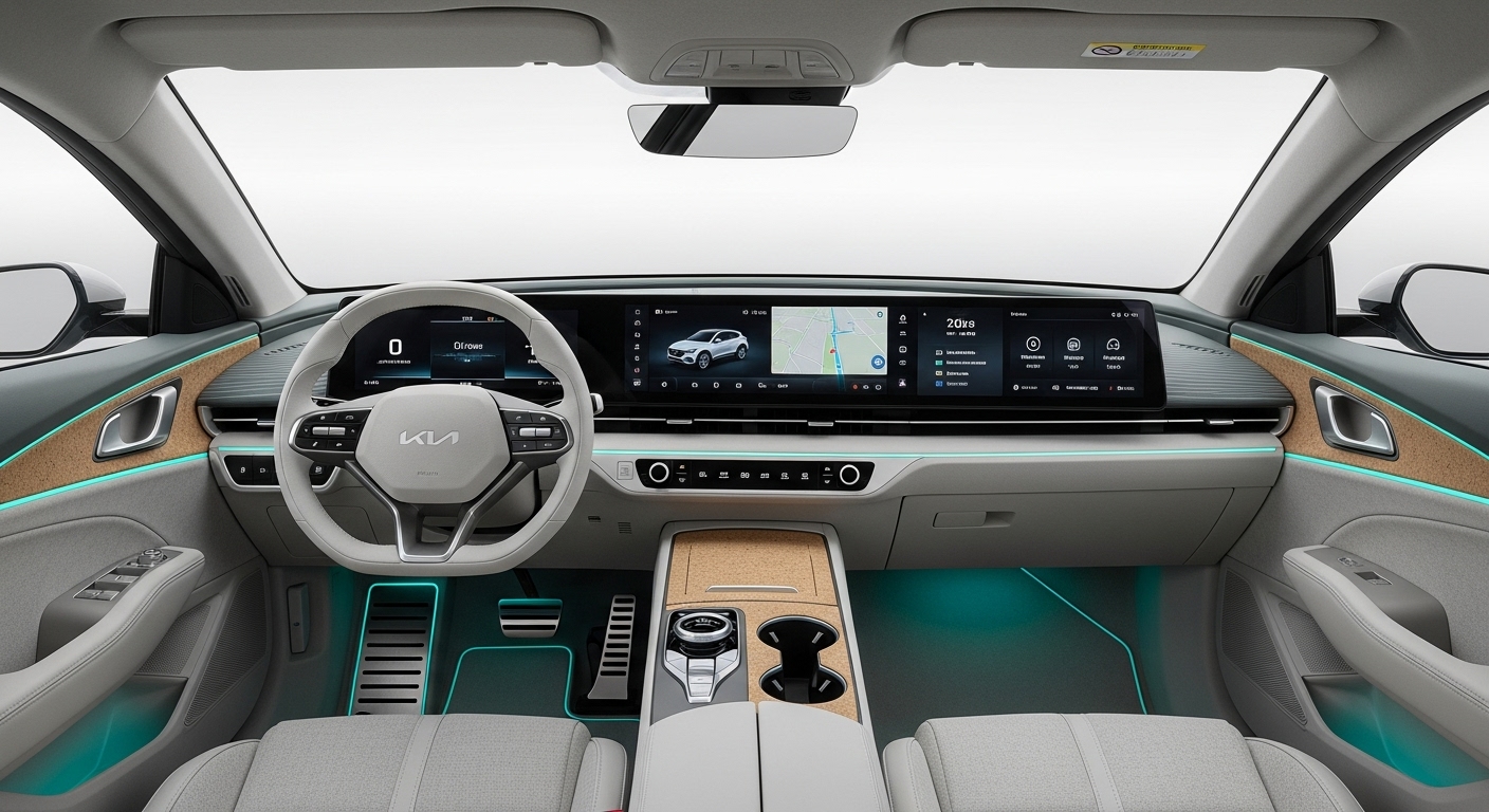 기아 EV4의 미니멀리스트 실내 디자인. 대형 통합 디스플레이와 친환경 소재가 돋보이며, 운전자 중심의 레이아웃을 보여줍니다.