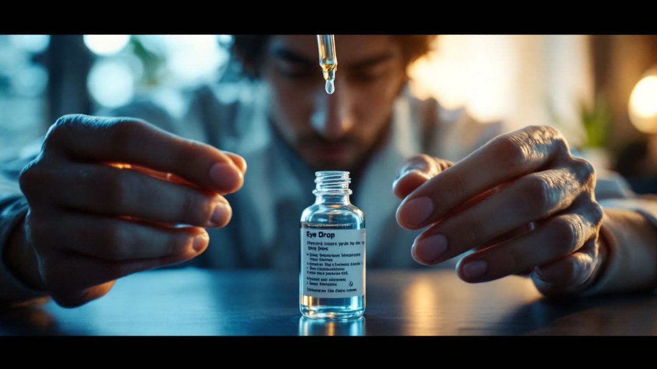 A man is before a bottle and a tube of artificial tear.