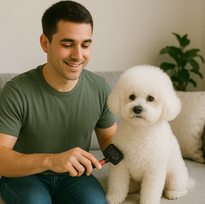 강아비 털 빗어주는 사진