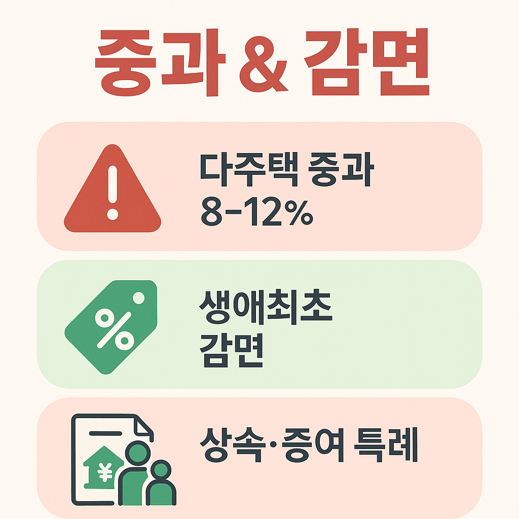 부동산 취득세 관련 중과세와 감면 혜택을 안내하는 이미지로, 다주택자 8~12% 중과, 생애최초 주택 구입 감면, 상속·증여 특례가 포함됩니다.