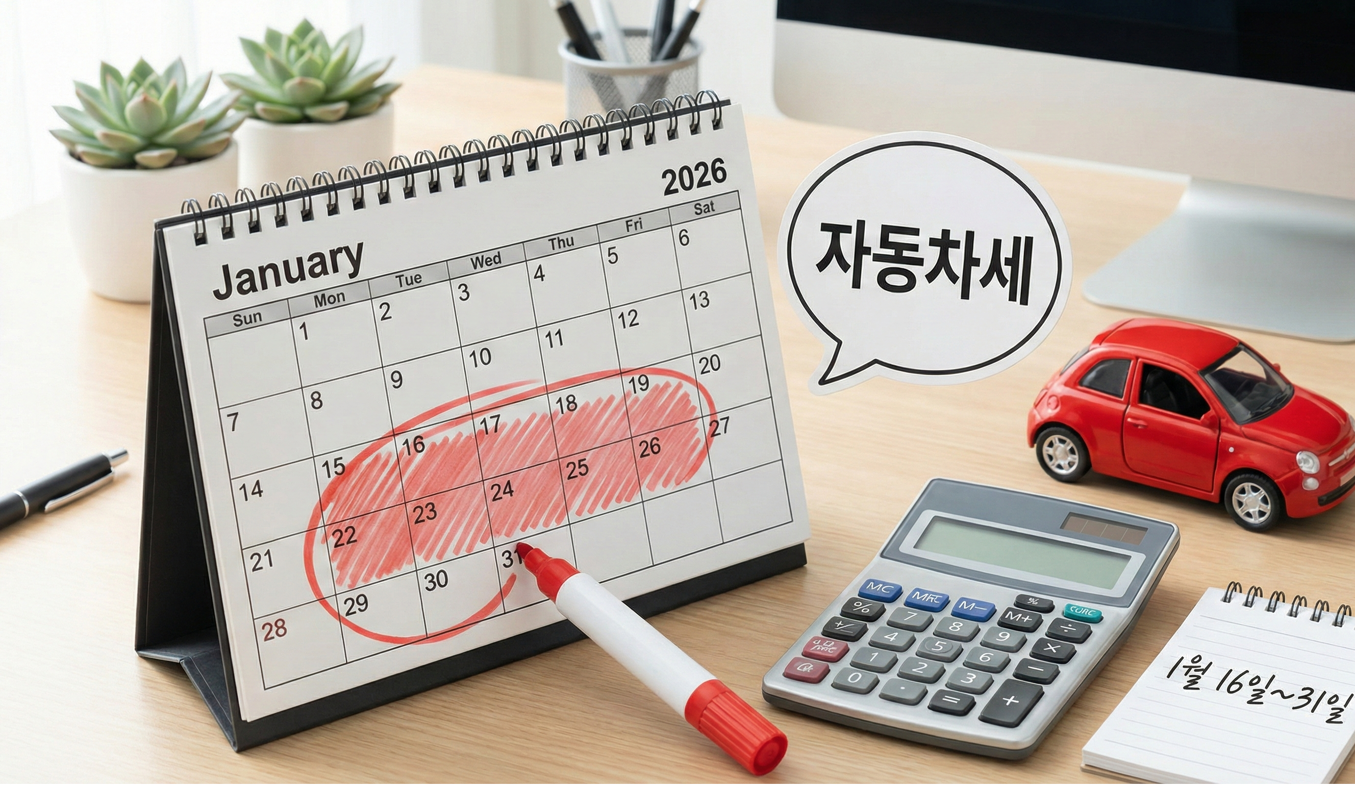 2026년 자동차세 연납 신청 기간 1월 16일부터 31일까지 달력 이미지