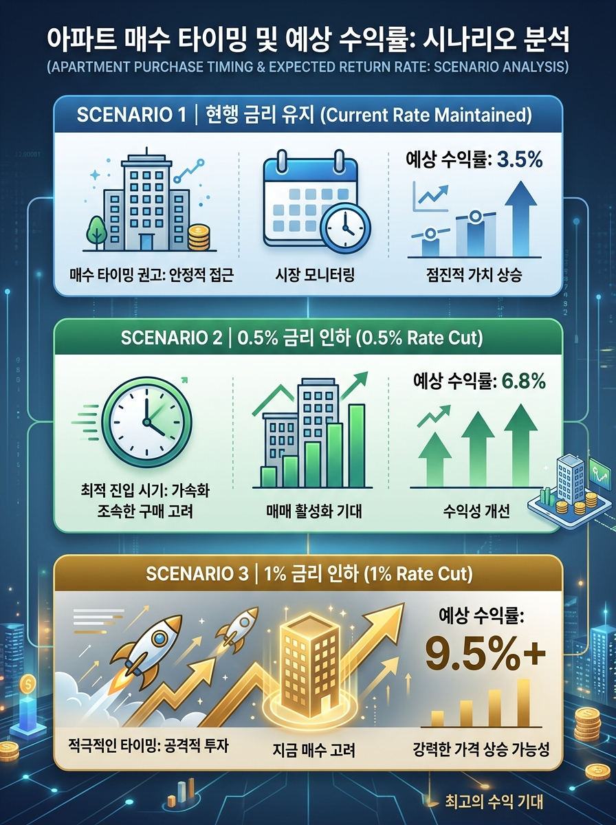 금리 시나리오별 아파트 매수 타이밍과 예상 수익률 변화를 분석